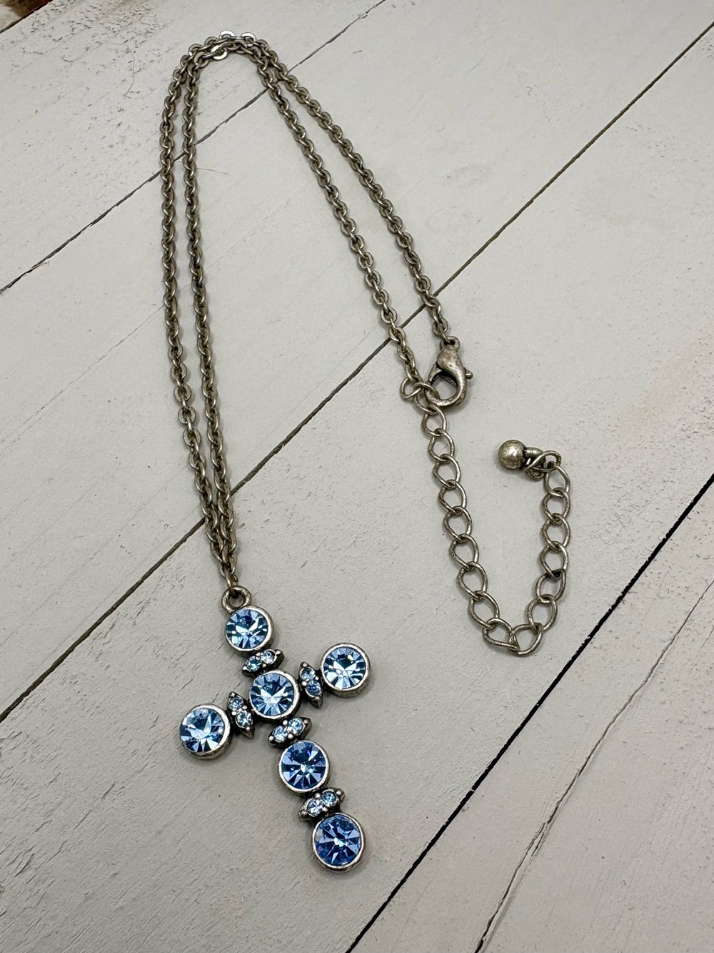 BLING : Silver Tone Blue Crystal Rhinestone Cross Pendant Necklace Adjustable